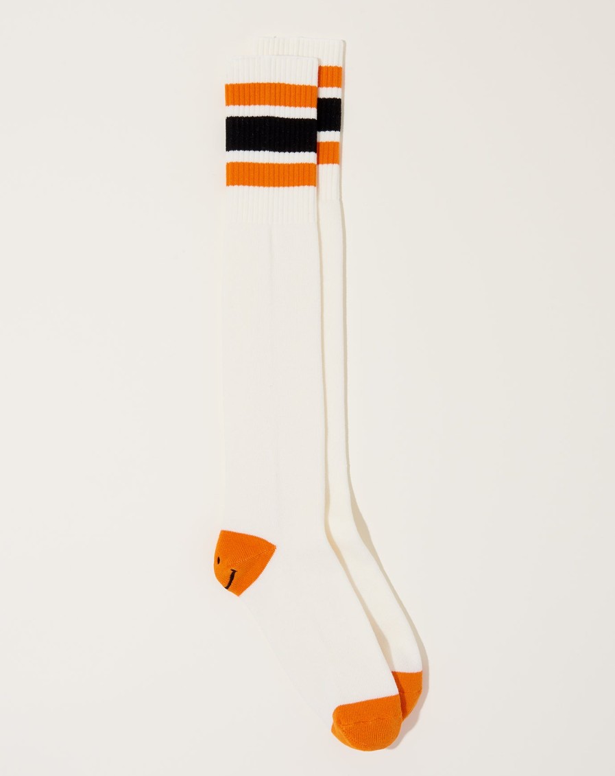 Accessories Kapital | Heel Smilie Embroidered Skaters Knee-High Socks In White & Orange