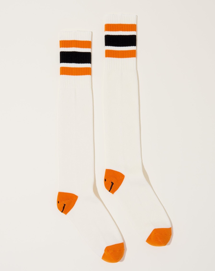 Accessories Kapital | Heel Smilie Embroidered Skaters Knee-High Socks In White & Orange