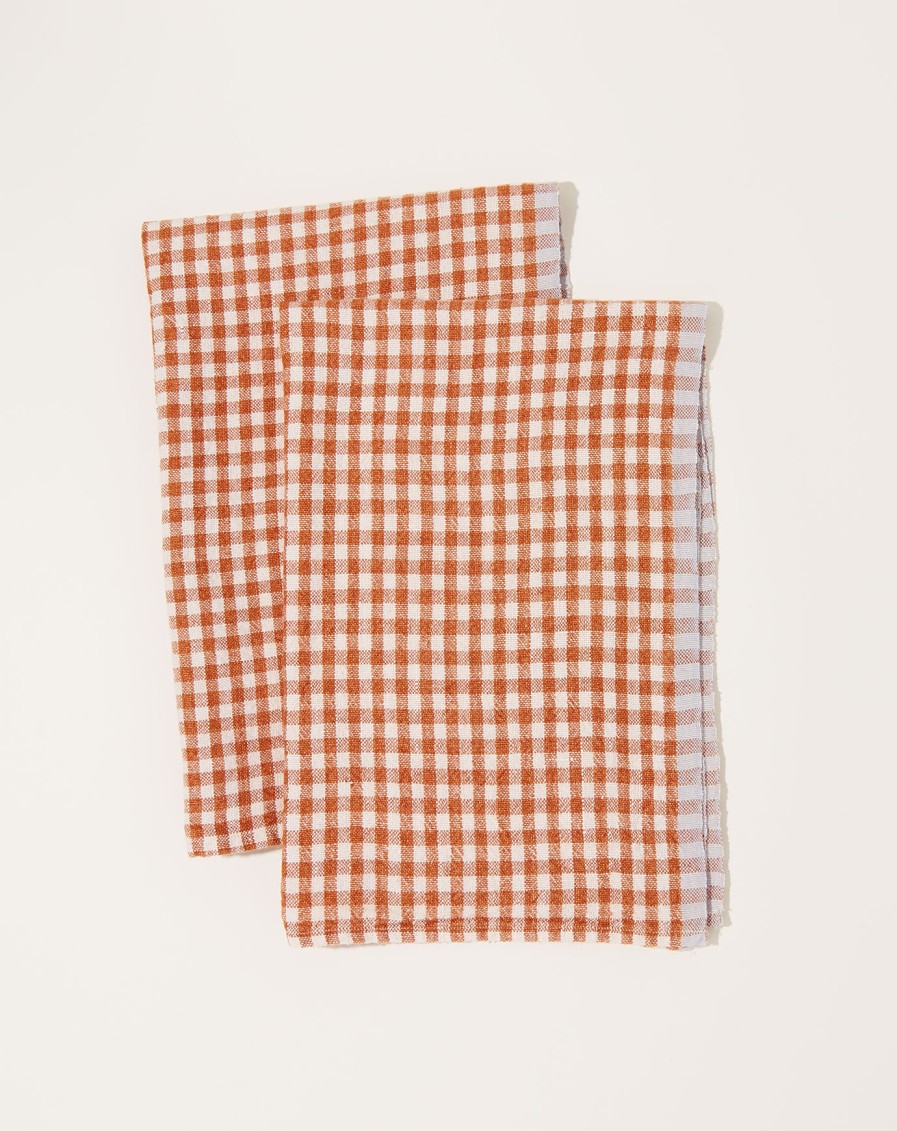 Home Caravan | Two-Tone Gingham Towels In Cognac & Blue, Set Of 2