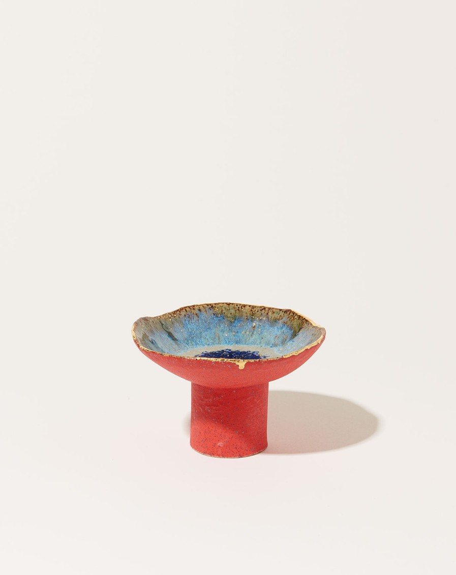 Home Minh Singer | Small Iceland Pedestal Bowl In Waterfall With Red Exterior