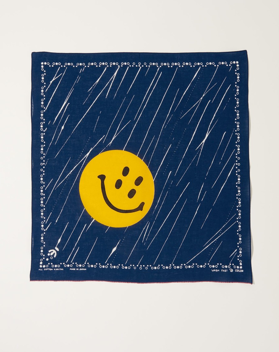 Accessories Kapital | Fastcolor Selvedge Rain Smile Bandana In Navy