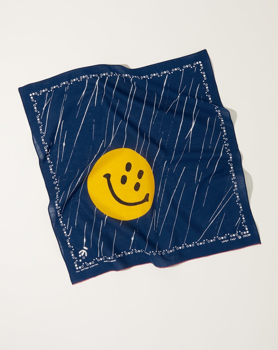 Accessories Kapital | Fastcolor Selvedge Rain Smile Bandana In Navy