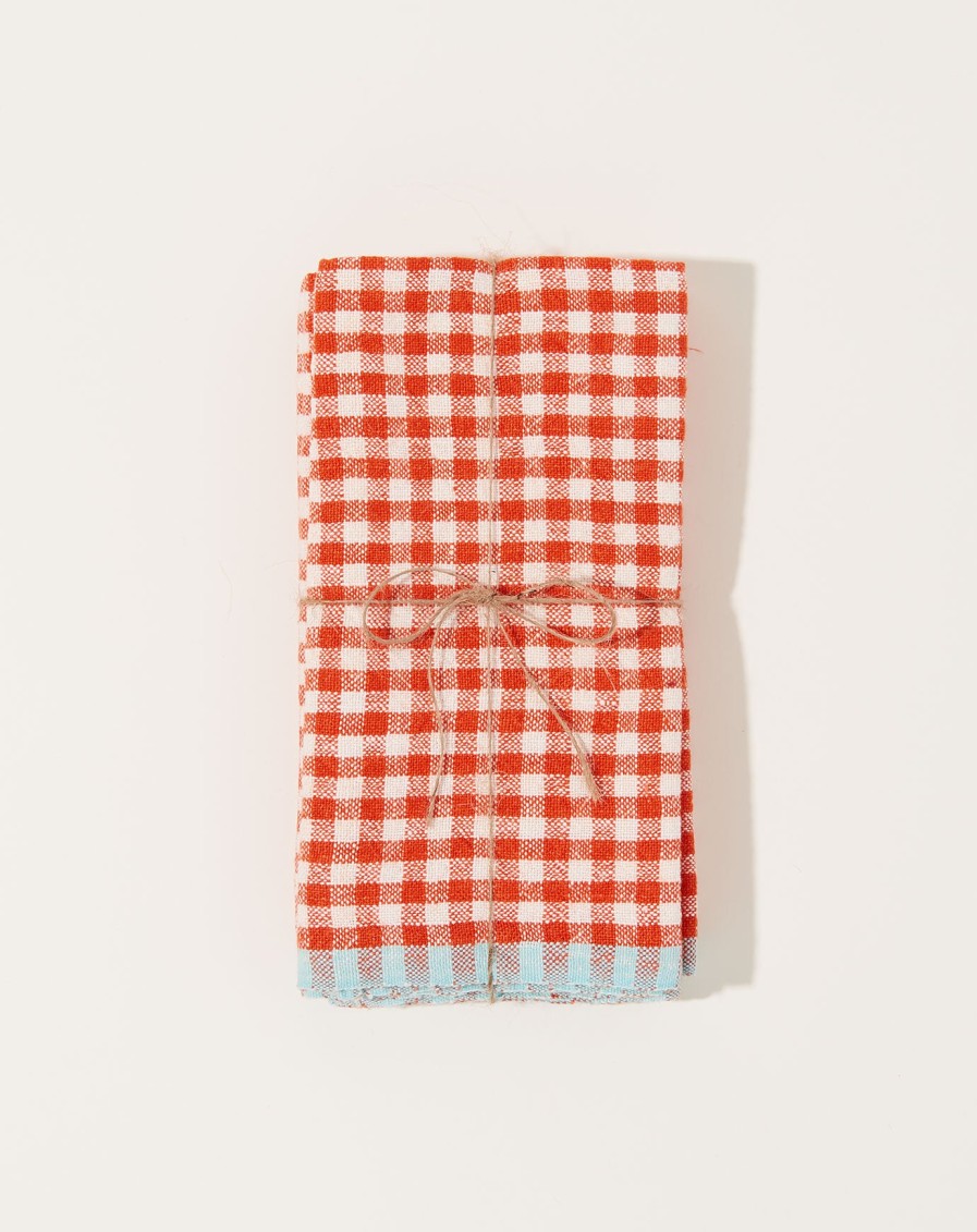 Home Caravan | Two-Tone Gingham Napkins In Orange & Aqua, Set Of 4