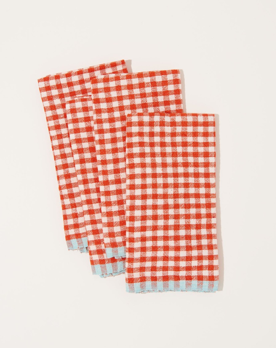 Home Caravan | Two-Tone Gingham Napkins In Orange & Aqua, Set Of 4