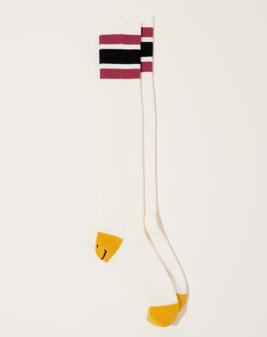 Accessories Kapital | Heel Smilie Embroidered Skaters Knee-High Socks In White & Pink