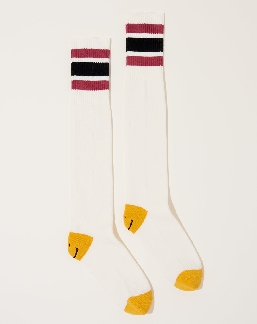 Accessories Kapital | Heel Smilie Embroidered Skaters Knee-High Socks In White & Pink