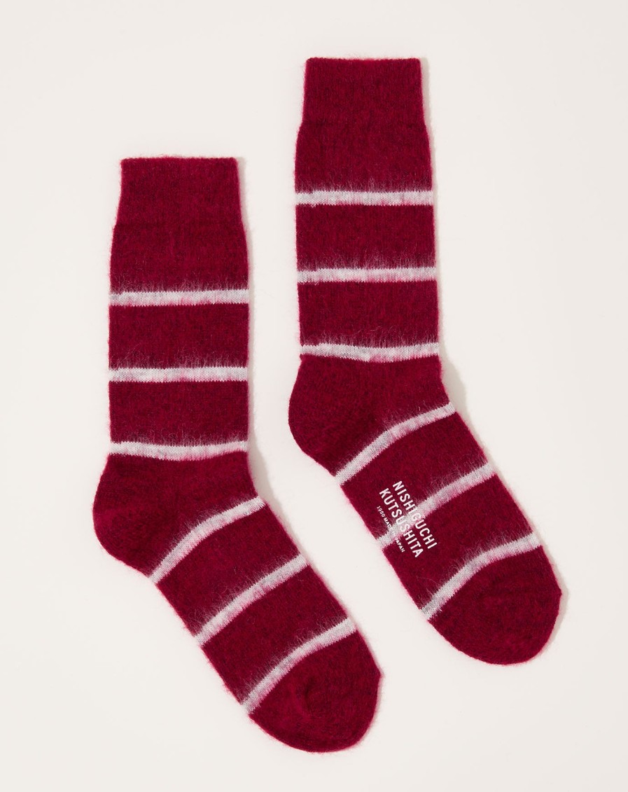 Accessories Nishiguchi Kutsushita | Mohair Wool Border Socks In Wine