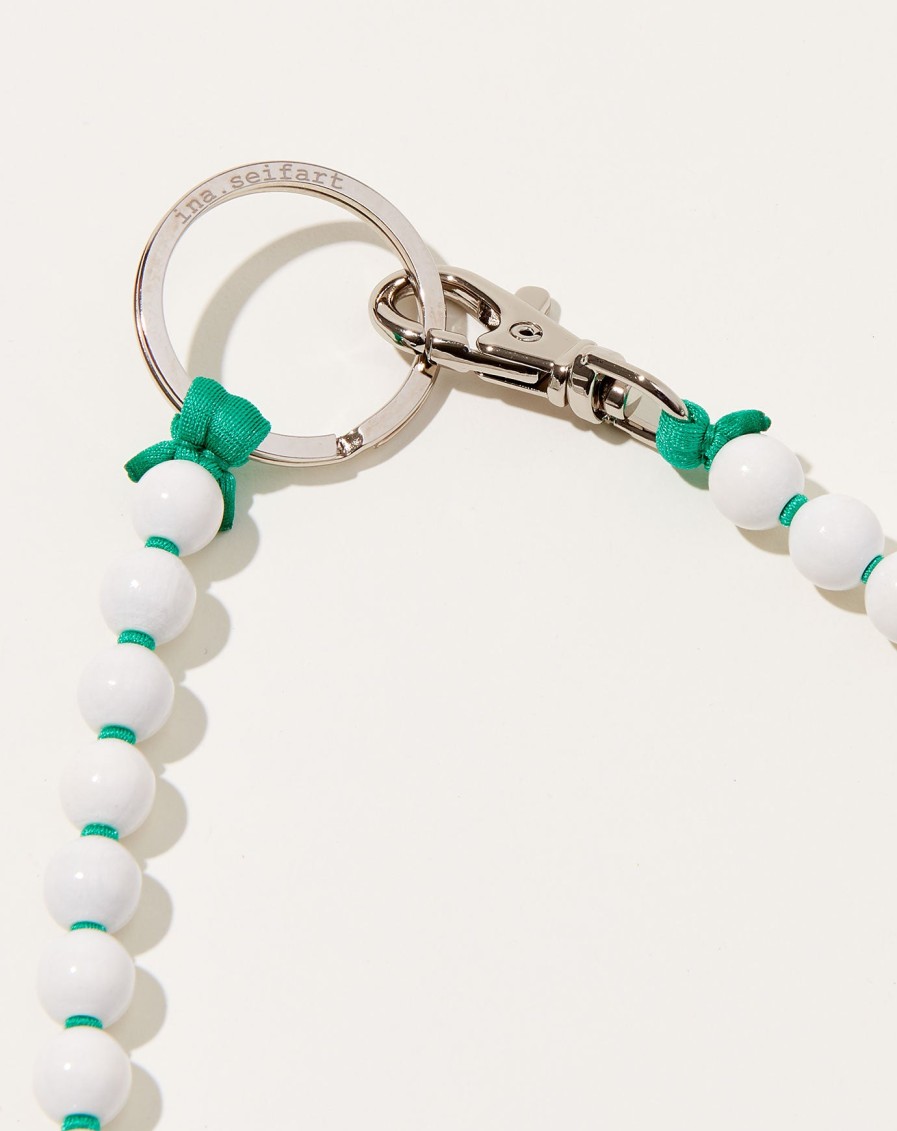 Accessories Ina Seifart | Perlen Long Keyholder In White On Green