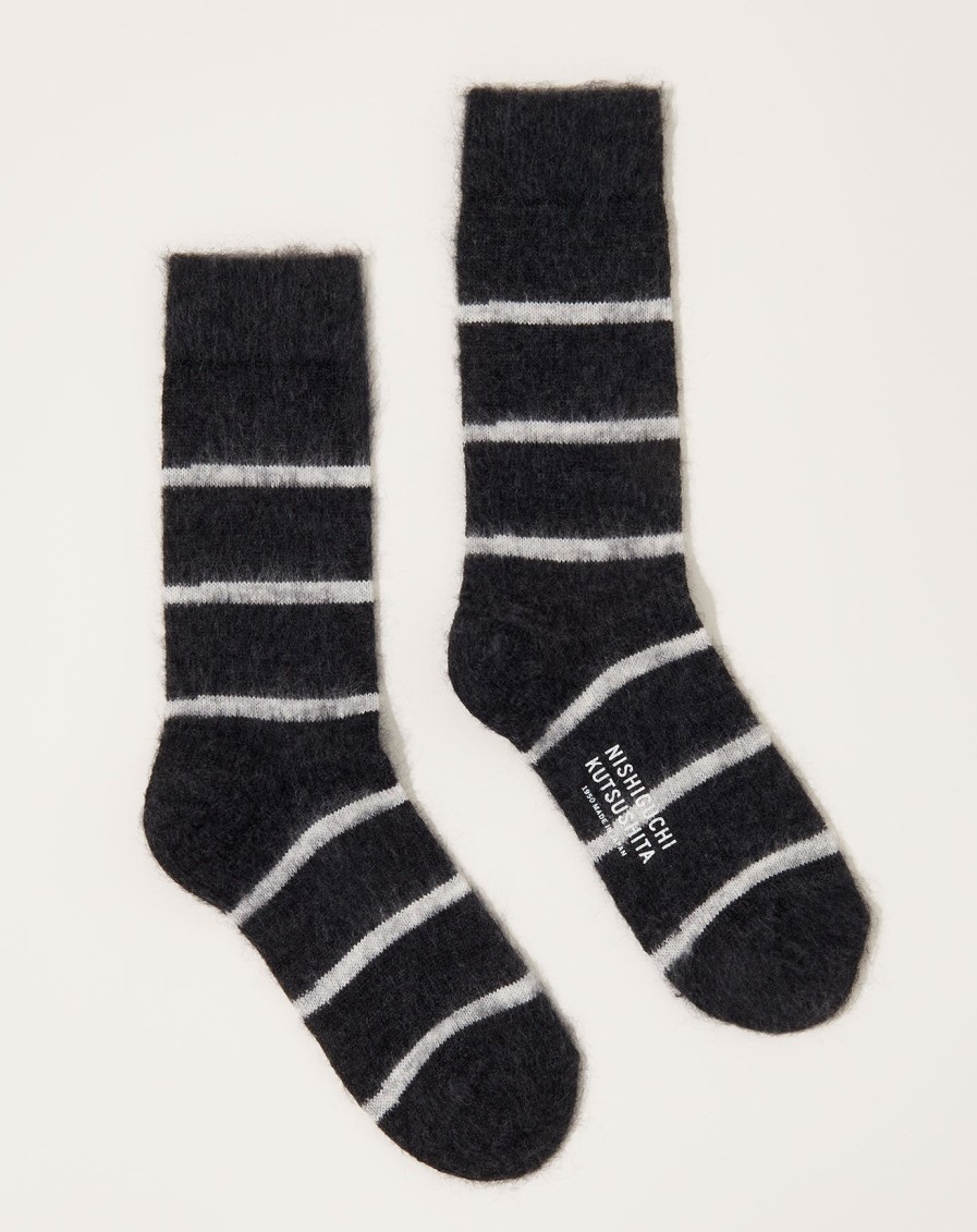 Accessories Nishiguchi Kutsushita | Mohair Wool Border Socks In Charcoal